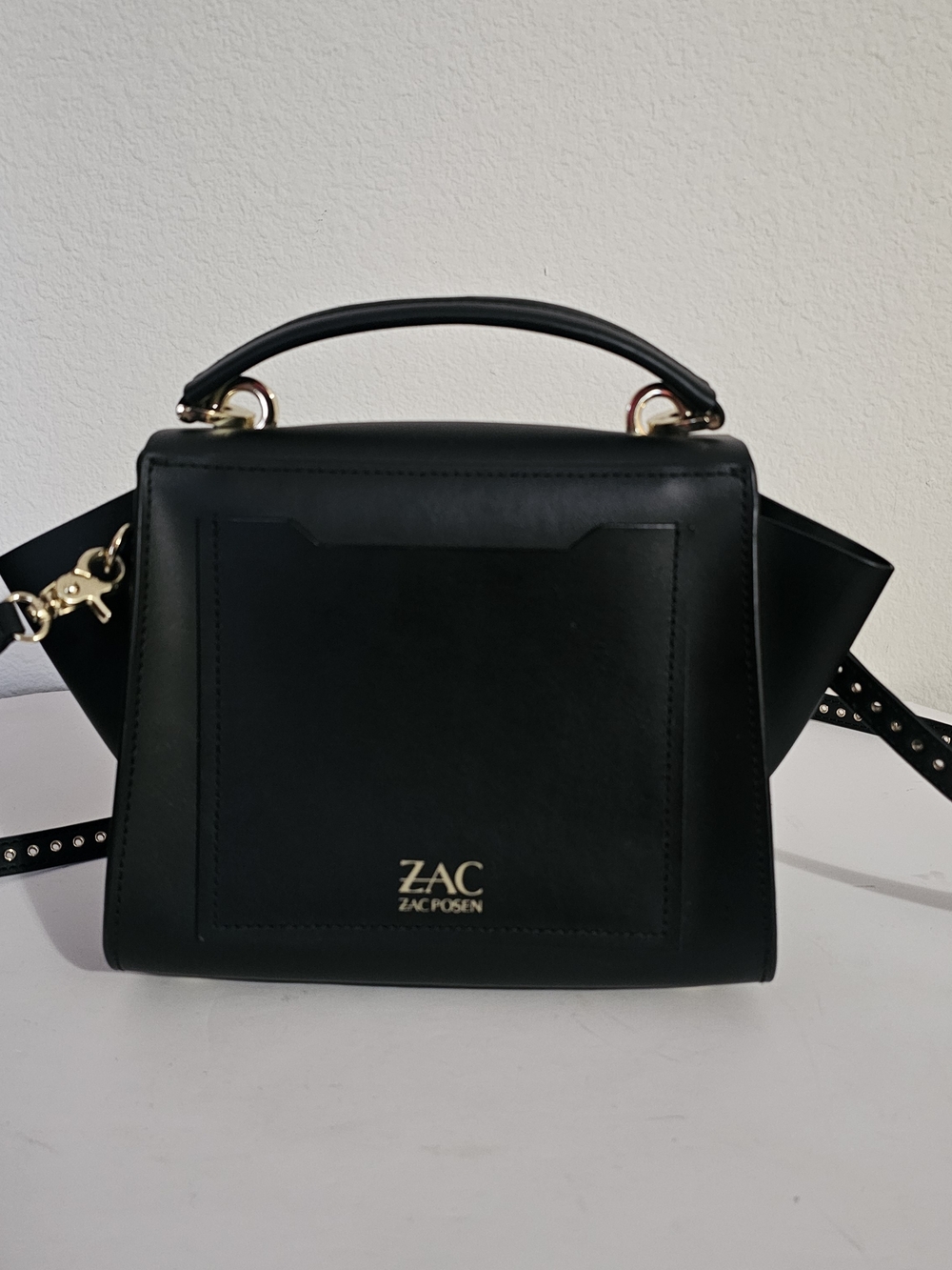 ZAC Zac Posen Black Leather Top-Handle Satchel with Gold Logo